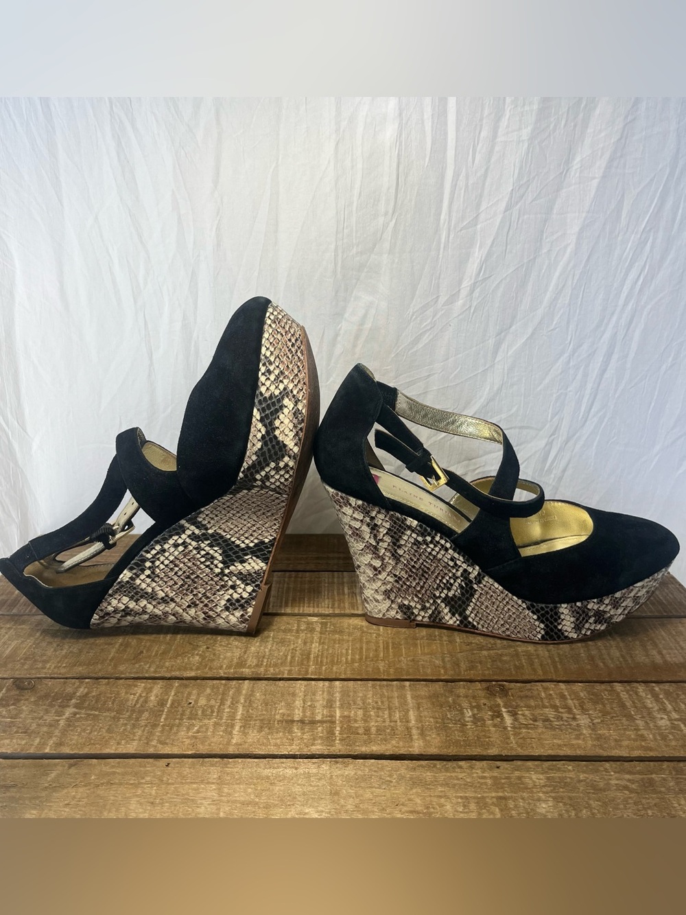 ELAINE TURNER TEGAN PLATFORM STRAPPY WEDGE SUEDE BLACK PYTHON Heel 10 mob wife